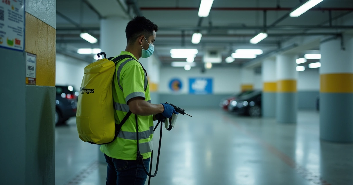 Profissional de dedetização inspecionando garagem de condomínio 